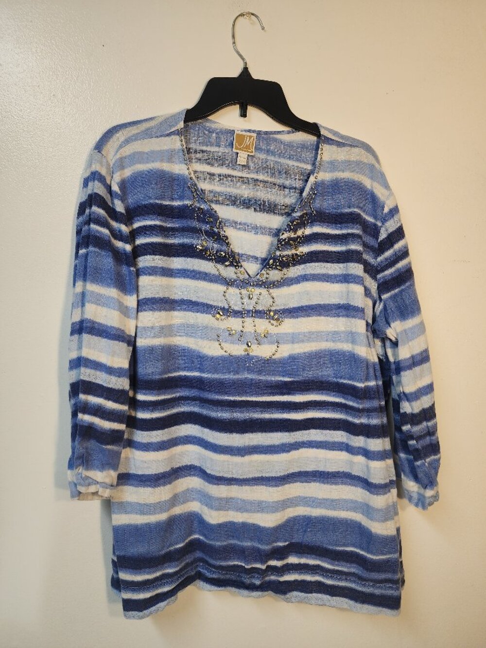 JM Collection blue white stripe linen tunic top XL Summer Cruise